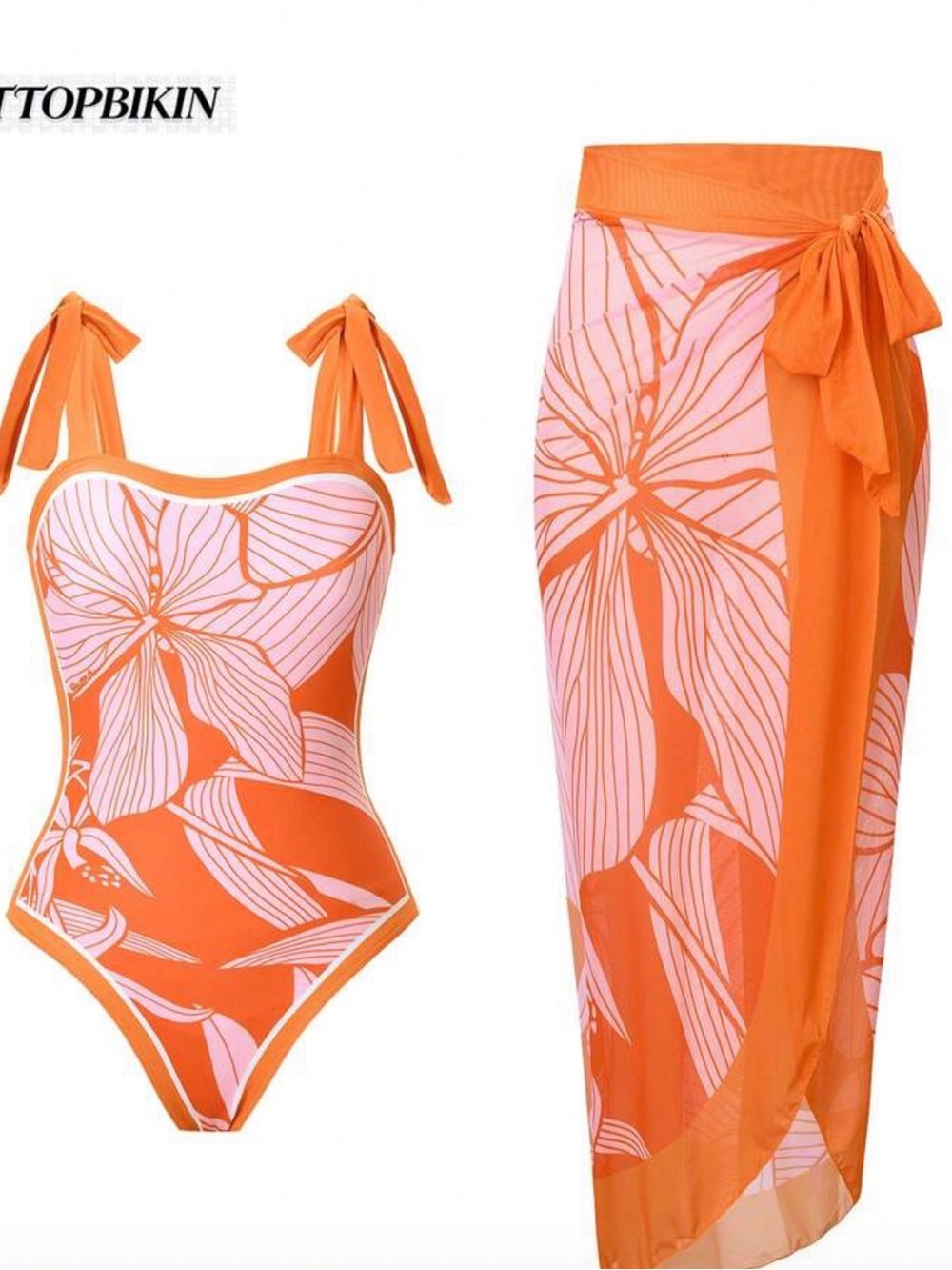 Women’s Orange Floral One-Piece Swimsuit with Sarong